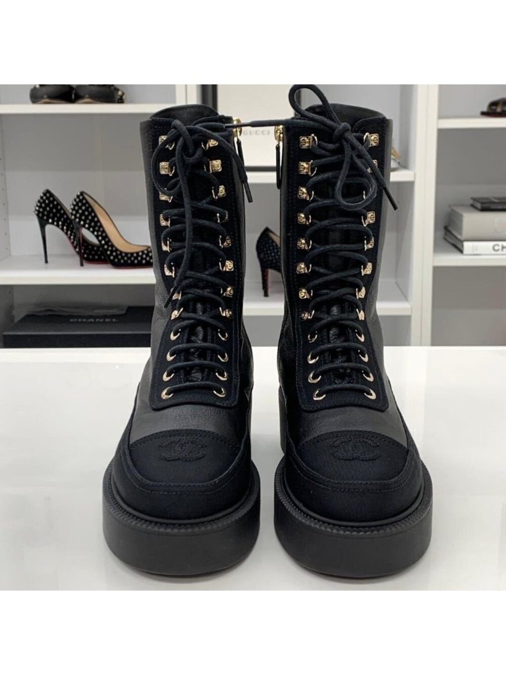 Chanel Calfskin Coco Mark Lace Up Short Boots Black - Picture 5 of 11